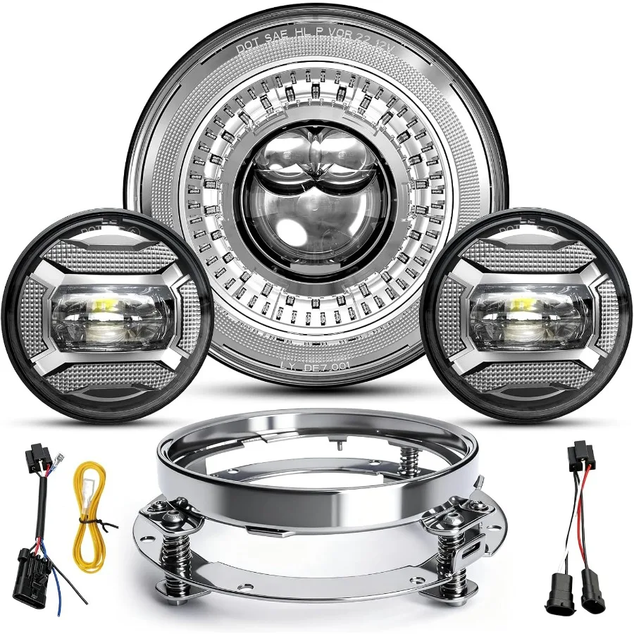 

1000% Brighter 7 inch LED Headlight with 4.5 Inch Fog Lights Motorcycle Kit DOT Approved Compatible with Road King Road Glide St