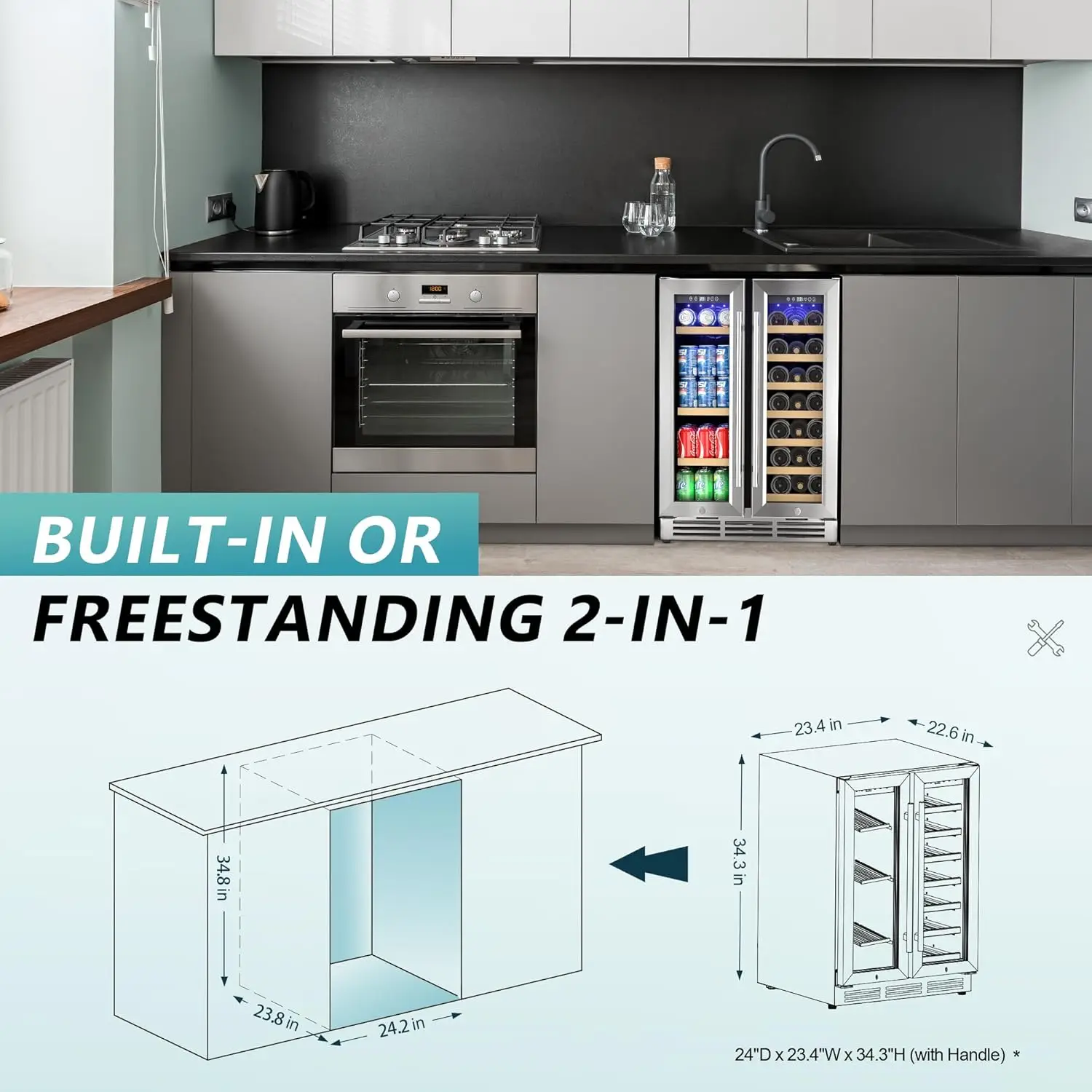 ثلاجة النبيذ والمشروبات من EUHOMY، مبرد نبيذ مزدوج المنطقة مقاس 24 بوصة مع باب زجاجي يحمل 21 زجاجة و88 علبة، مدمج في أو Un