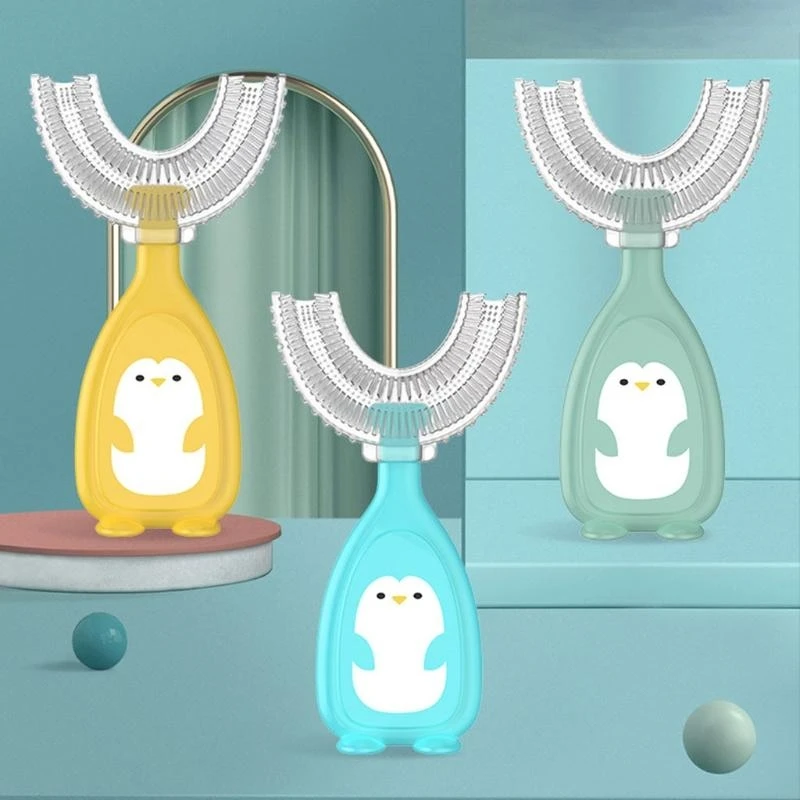 

J15U Cartoon Penguin Baby Children Manual Toothbrush 360 Degree U-shaped Toothbrush Teether Soft Silicone Baby Teeth Brush