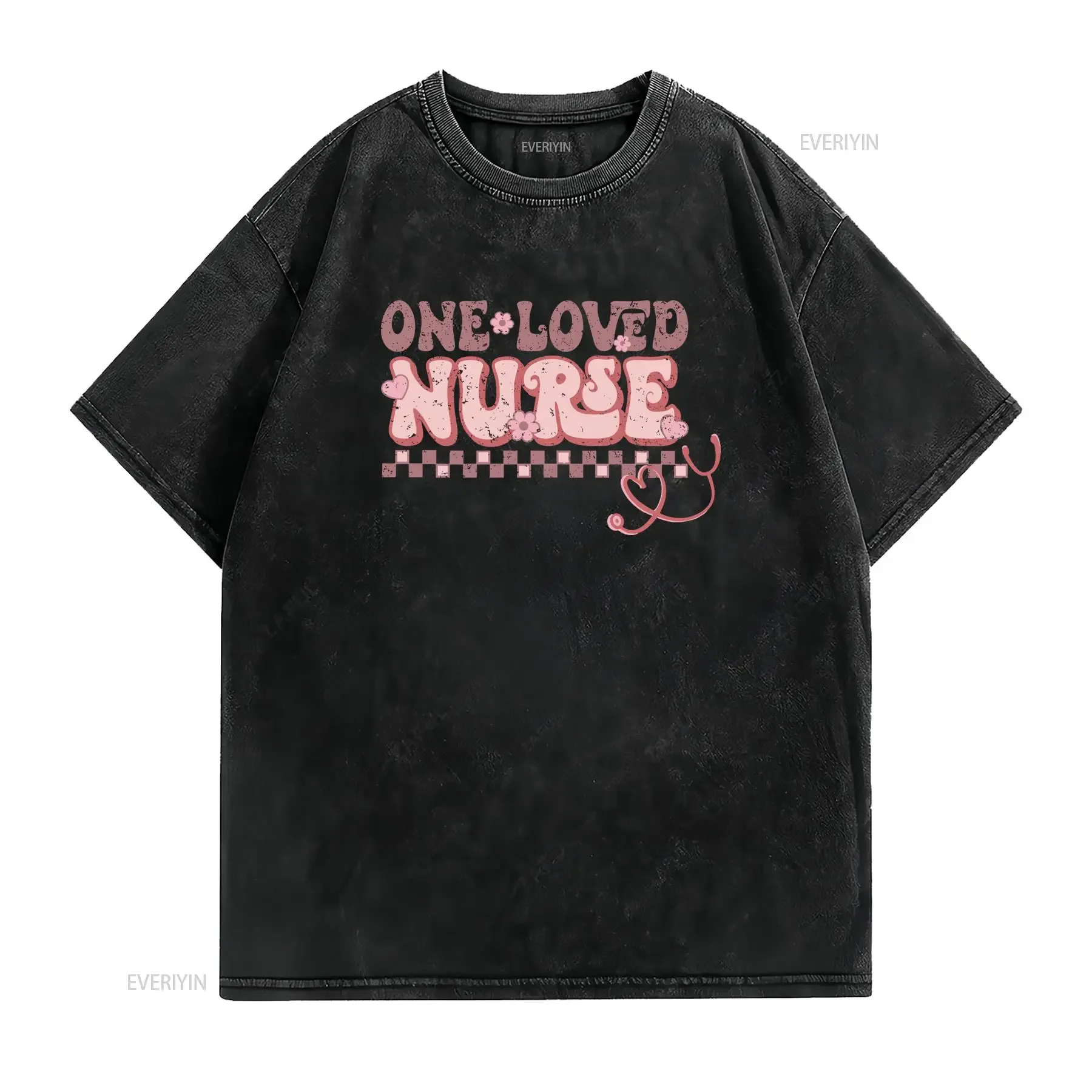 Retro Groovy One Loved Nurse Heart Floral Stethoscope Print Casual T Shirt vintage Washed Unisex Stylish Soft designer clothes