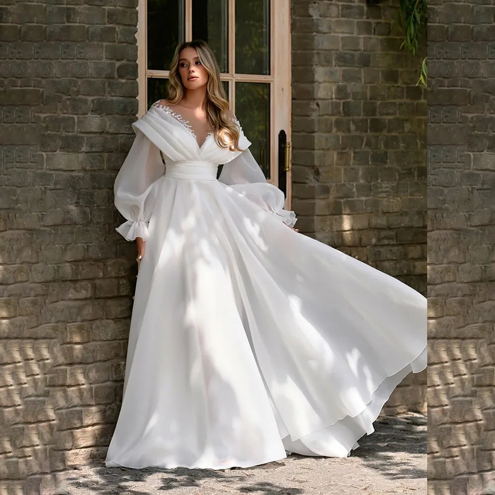 

Sheer Neck Chiffon Beaded Long Puff Sleeve Wedding Dress for Women A-line Pleated Wedding Gown with Court vestidos de novia