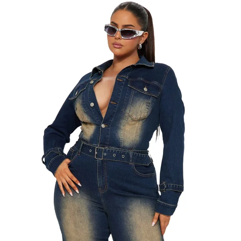 Fairy Women's Spring Autumn Jumpsuit Pants Flared Denim Long Sleeve New Button Waistband Simple Loose Harajuku Hundred Versatile