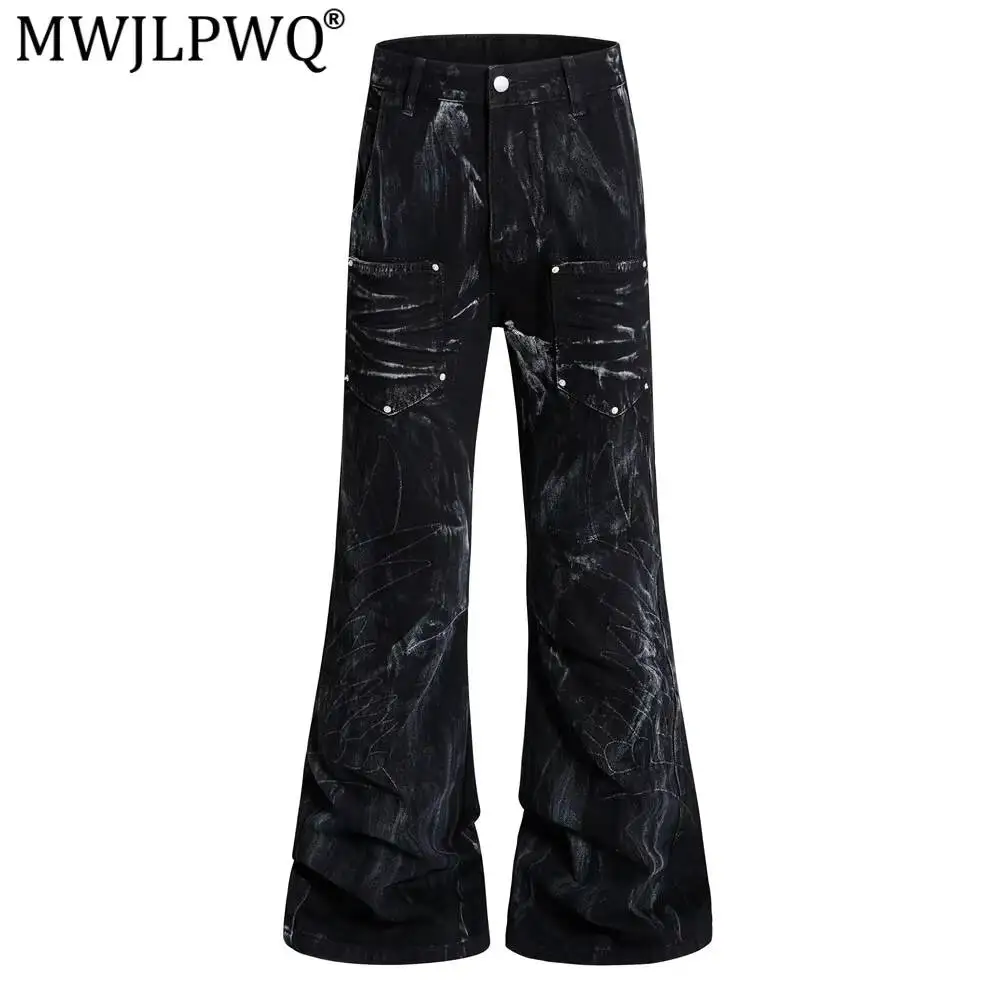 MWJLPWQ Punk Graffiti Splatter Paint Distressed Dirty Denim Flared Pants For Men Hippie Trendy Niche Pocket Workwear 20044