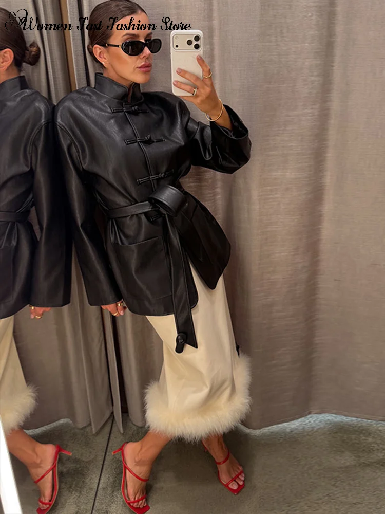 2026 Autumn Lace-up Knot Buttons Leather Jackets Women's Casual Single-breasted Stand Collar Coats Full Sleeve Female Streetwear