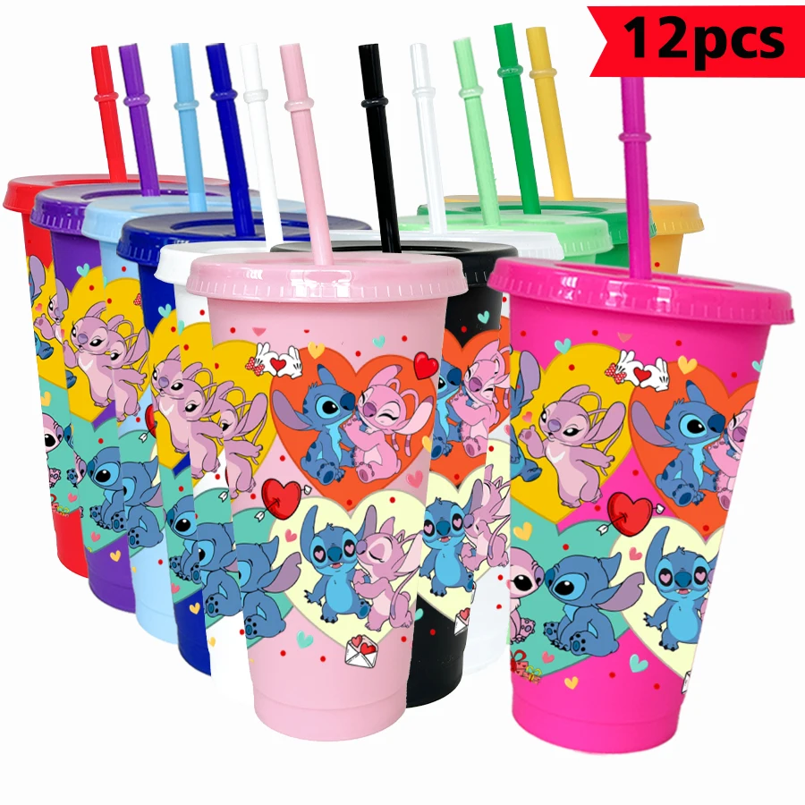12 unids/lote Disney Stitch Angel 26oz vaso de plástico colorido vasos para fiesta de cumpleaños tazas de café jugo