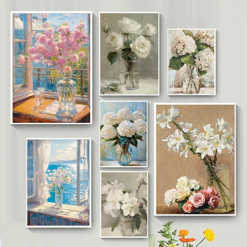 Still Life Flower Vintage Transparent Botanical Floral Vase Poster Canvas Prints Wall Art Picture For Living Room Decoration