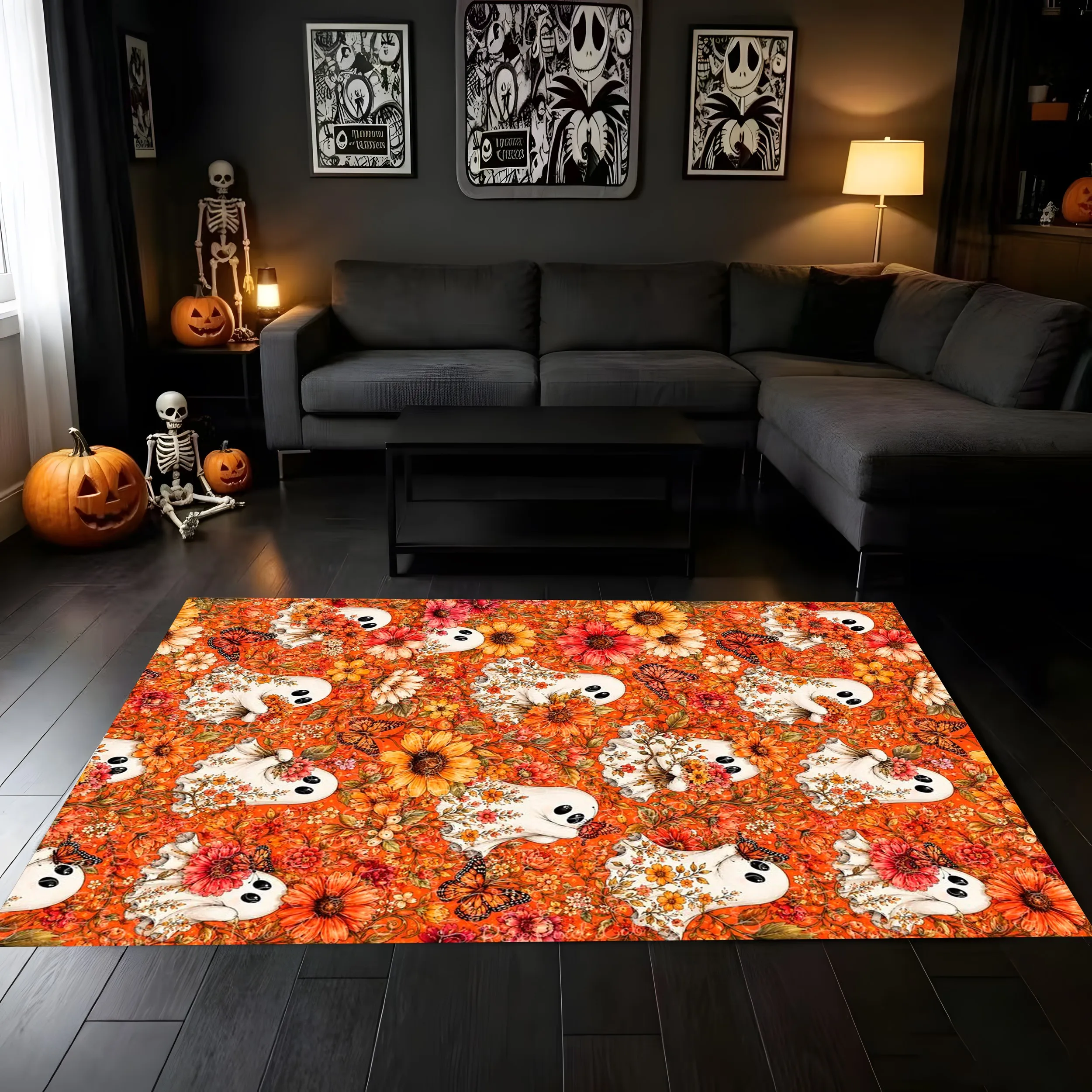 2D Carpet with Ghostly Pumpkin and Candy Print, Soft, Cute, Sweet and Refreshing Style, Pleasing to the Eye, Creating a Lovely and
