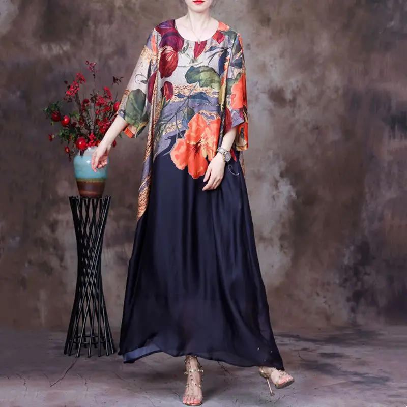 Spring Summer Large Size Long Sleeve Silk Dress 2024 New Floral Print  Elegant Beach Style  Maxi es for Women Q742