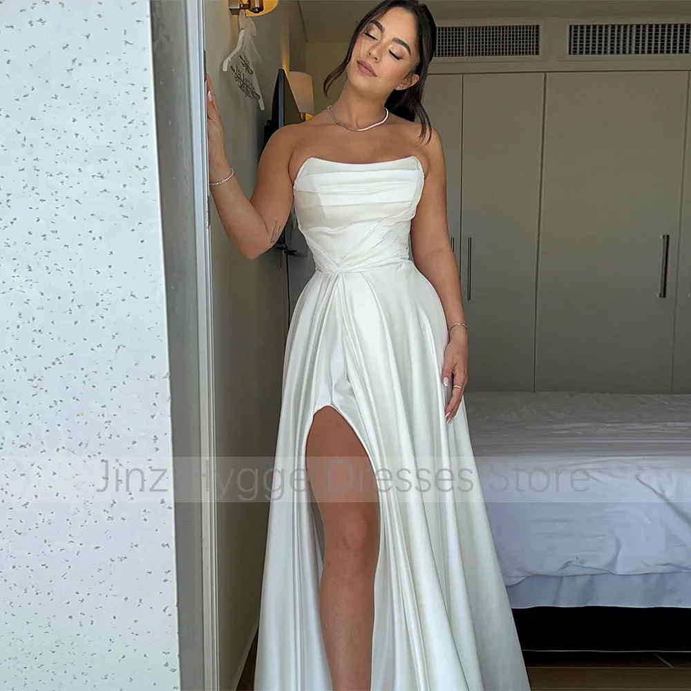 Satin Wedding Dresses for Women 2023 Bride Strapless A Line Wedding Gowns Long Thigh-High Split Modern Bridal Dress Ivory