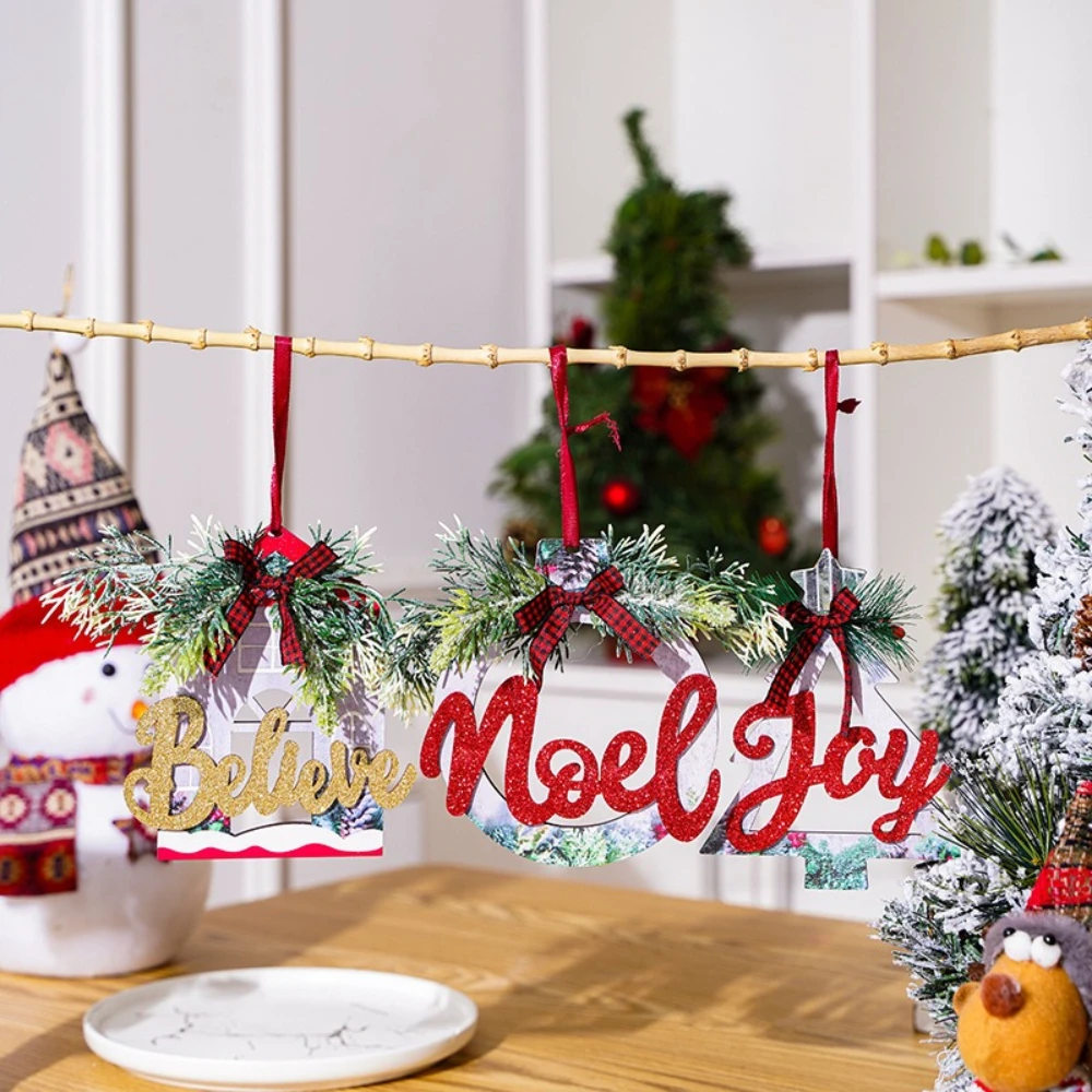 

2pcs Wood House Wreath Christmas Tree Decoration Wooden Powder-sprinkled Letter Pendant Nordic-style Christmas Home Decoration