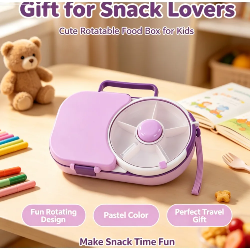 Kids Rotatable Snack Box Portable Handle Sealed Food Container Pastel Outdoor Picnic Fruit Nut Storage Box for Children Travel