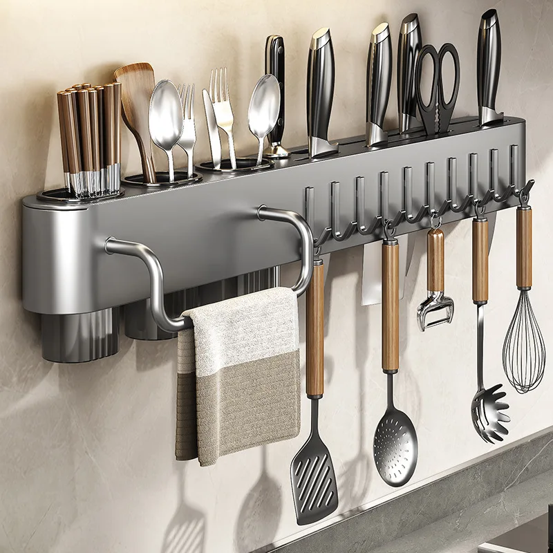 

Kitchen Organizer Wall-Mounted Multifunctional Knife Rack Kitchen Storage Rack Detachable with Bracket Hook Chopsticks Holder