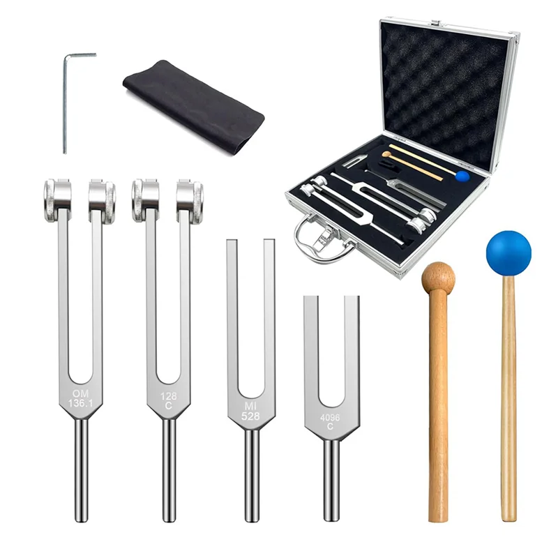 

XSXS-4Pcs Tuning Fork Set-128Hz, 136.1Hz, 528Hz, 4096Hz With Reflex Hammer Silicone Bases For Chakra For Healing Sound Therapy