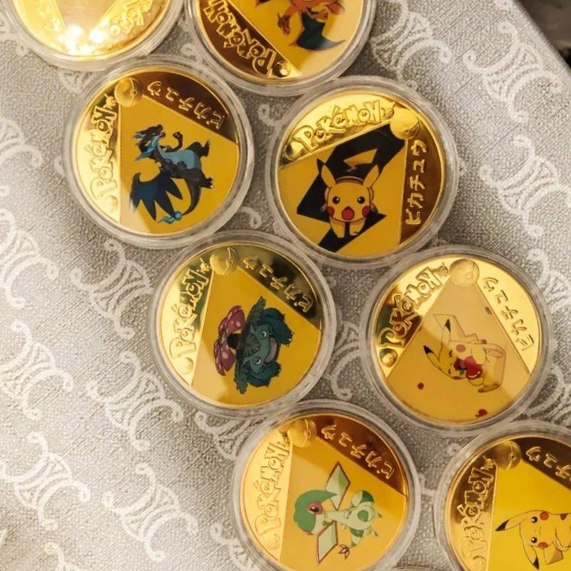 Pokemon Pikachu monedas coleccionables monedas conmemorativas dibujos animados moneda de Metal de color dorado Kawaii regalos de cumpleaños para niños Juguetes