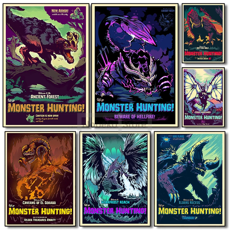 Classic Video Games Monster Hunter Poster Let\'s Go Monster Hunting Prints Canvas Wall Art Pictures Home Room Vintage Game Decor