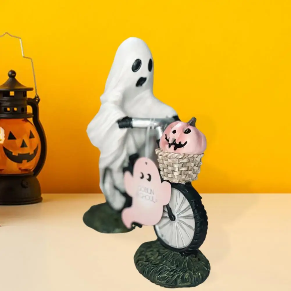 

Halloween Party Decor Spooky Halloween Ghost Riding Bicycle Statue Ghost Holding Pumpkin Ornaments Handcrafted Resin for Desktop