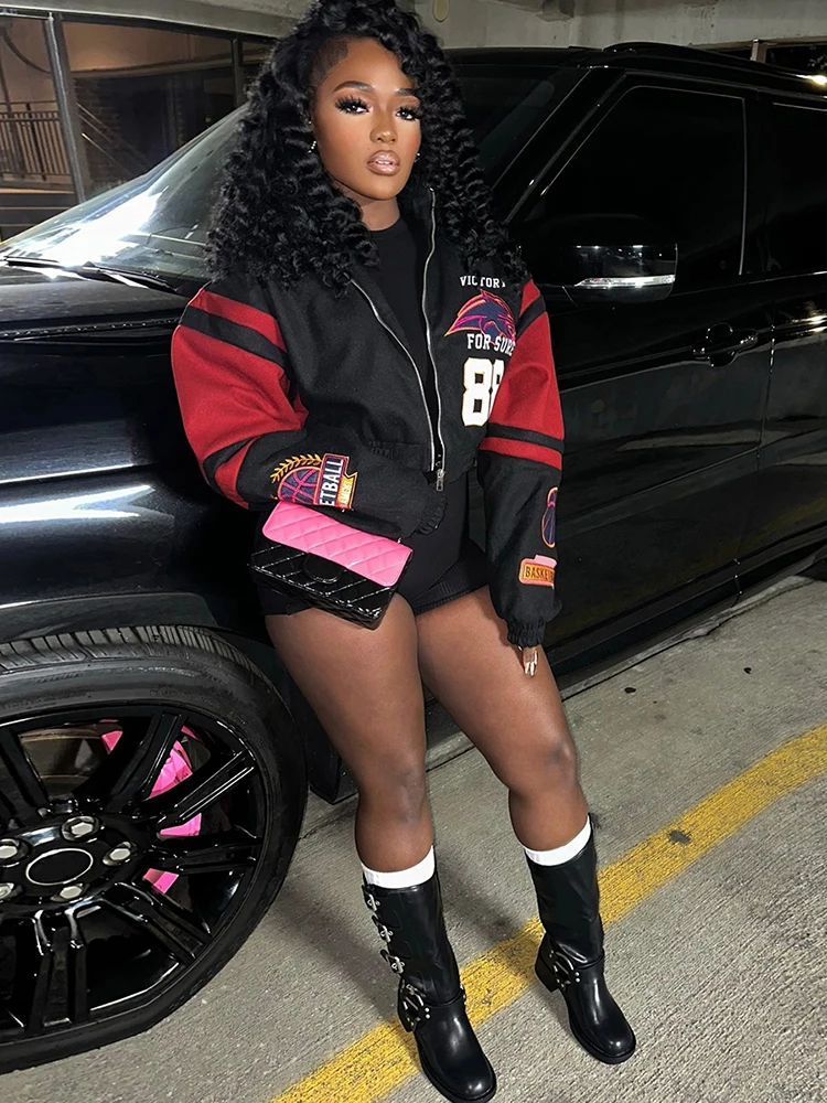 

Kliou Letter Print Crop Jacket Woman Contrast Patchwork Zip Cardigan Full Sleeve Street Fashion Hip-Hop Style Classic Clothing