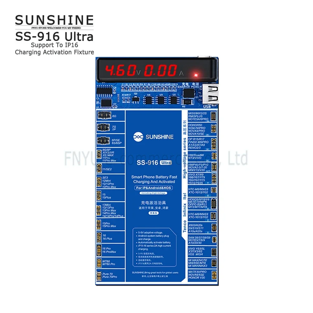 SUNSHINE SS-916 تركيبات تفعيل الشحن الفائقة لـ IP 6-16PM أندرويد تنشيط أداة كشف الجهد الحالي للبطارية