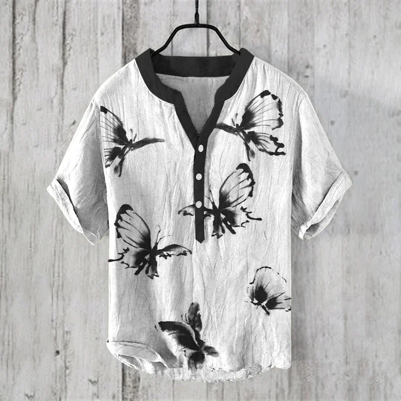 Zomer Heren Shirt Mode Man Kunst Illustratie Print Kleine V-Hals Henley Shirt Mans Shirt Artistieke Casual Korte Mouwen