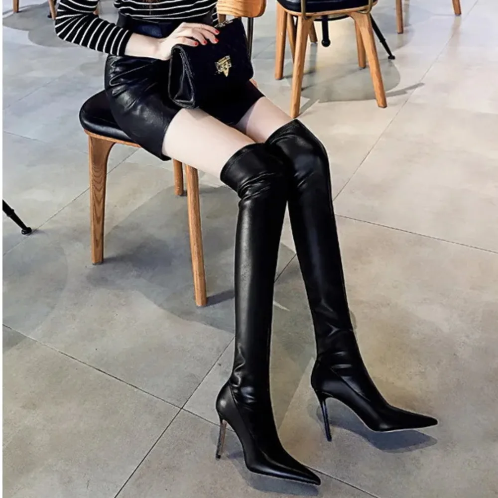 

Style Fashion High Heels Pointed Sexy Winter Nightclubs Slimming And Slim Fitting Knee Women Length Boots Pumps туфли женские