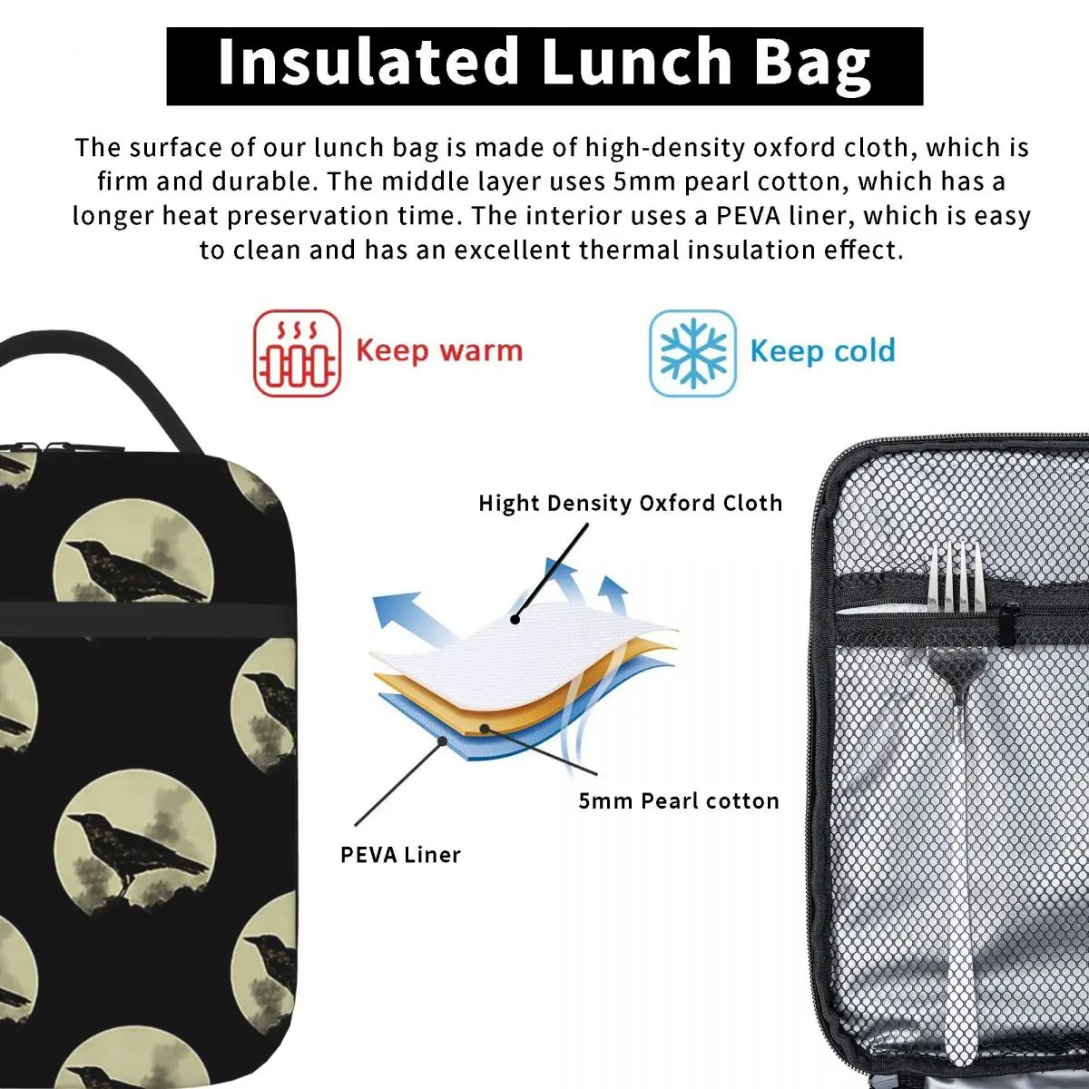 Crow Lunch Bags isolato Bento Box impermeabile Lunch Tote borse da Picnic a tenuta stagna borsa termica termica per donna ragazza lavoro