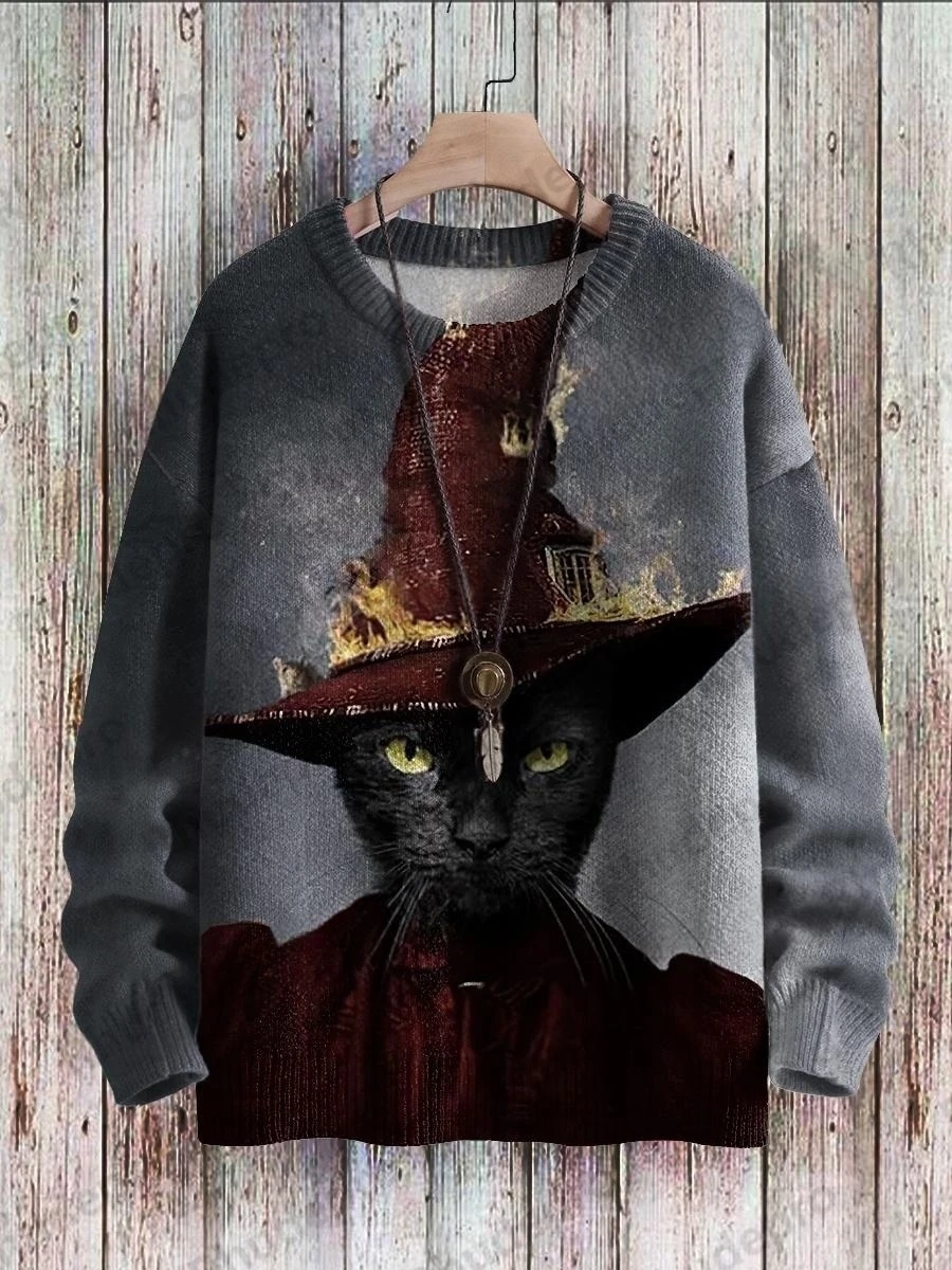 Halloween Funny Cats Frog Raven Bat Pattern 3D Printed Men's Knitted Pullover Winter Unisex Casual Knit Pullover Sweater