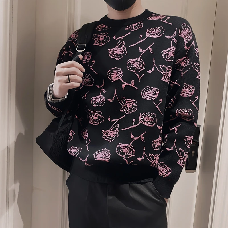 

2025 Autumn Winter Rose Jacquard Knitted Sweater Men's Round Neck Long Sleeved Sweater Pullover Casual Business Social Sweaters