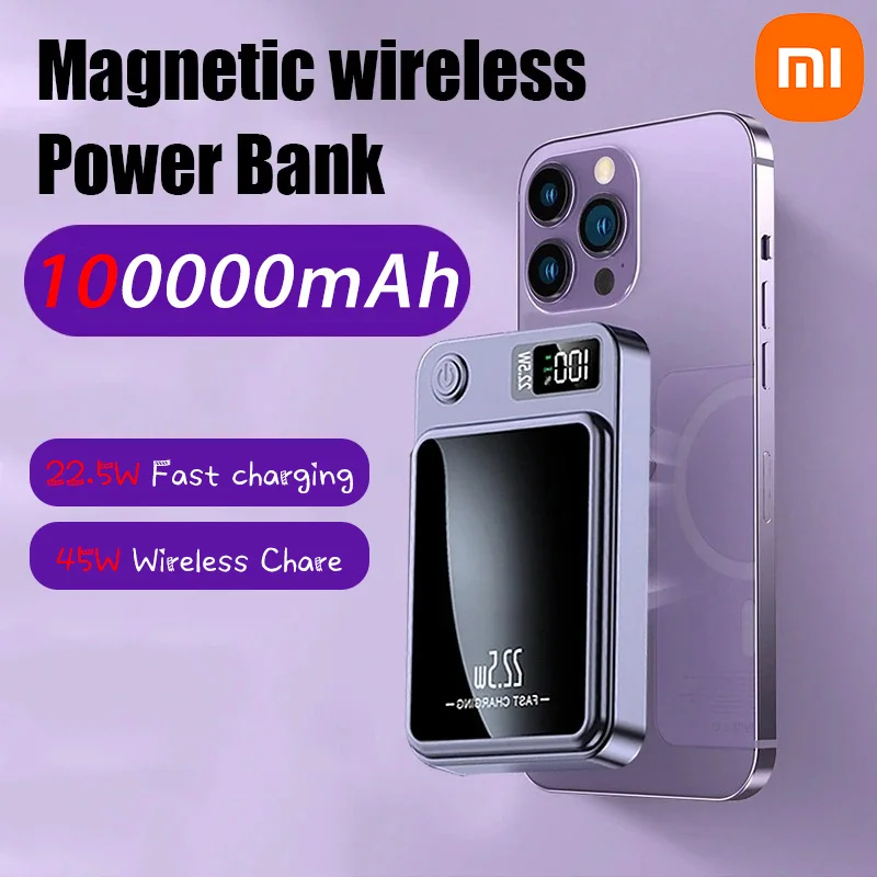 Xiaomi 100000mAH Power Bank Magnetic Wireless 22.5W Ultra Capacity Super Fast Charging Magnetic Power Bank For Iphone15 Samsung