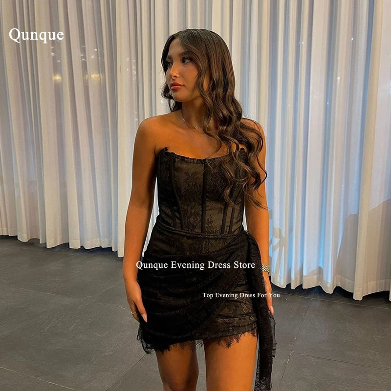 

Qunque Black Short Vestido De Noche Prom Dresses Luxury Pearls Charming Lace Birthday Party Cocktail Dresses Homecoming Gowns