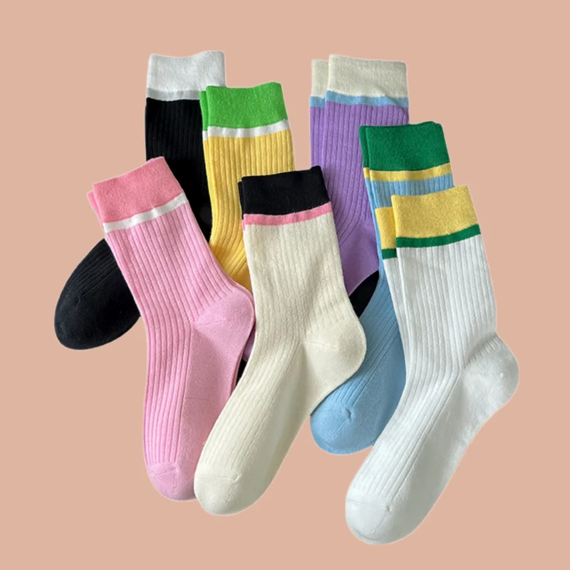 7/14 Pairs Spring And Autumn Women's Mid-tube Socks Color Matching Long Tube Stacked Socks Versatile Trendy Women's Casual Socks