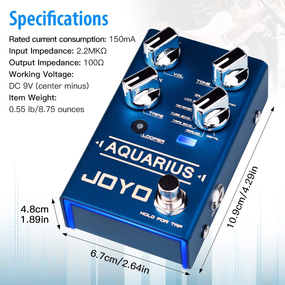 دواسة تأخير JOYO R-07 AQUARIUS متعددة الأوضاع 8 تأثيرات تأخير رقمية مدمجة في الصنبور TEMPO مع دواسة جيتار وتسجيل 5 دقائق وبير