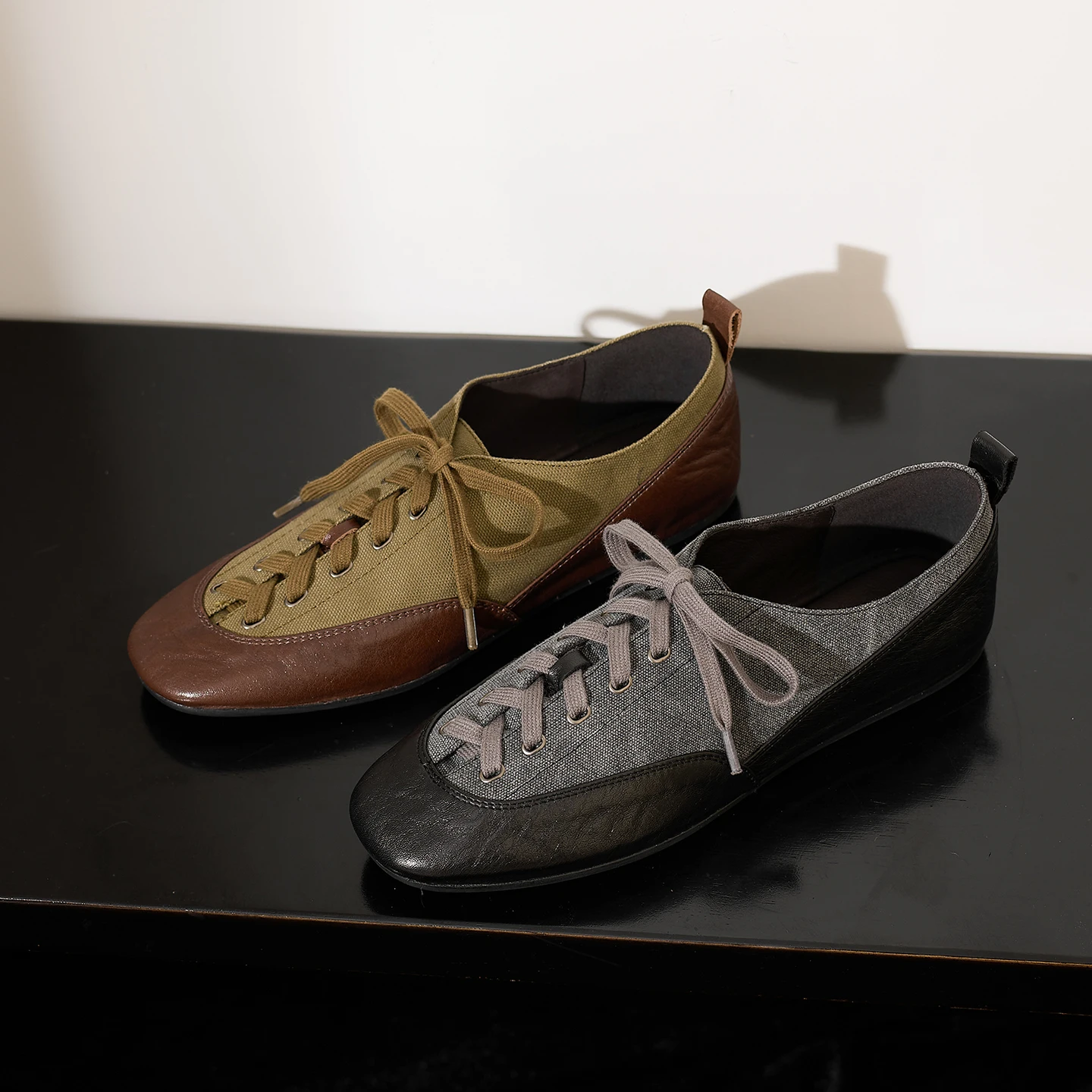 Genuine Leather  Cowhide+Canvas Women Shoes,Retro Round Toe Lace-Up Flat Shoes,Casual Training Shoes