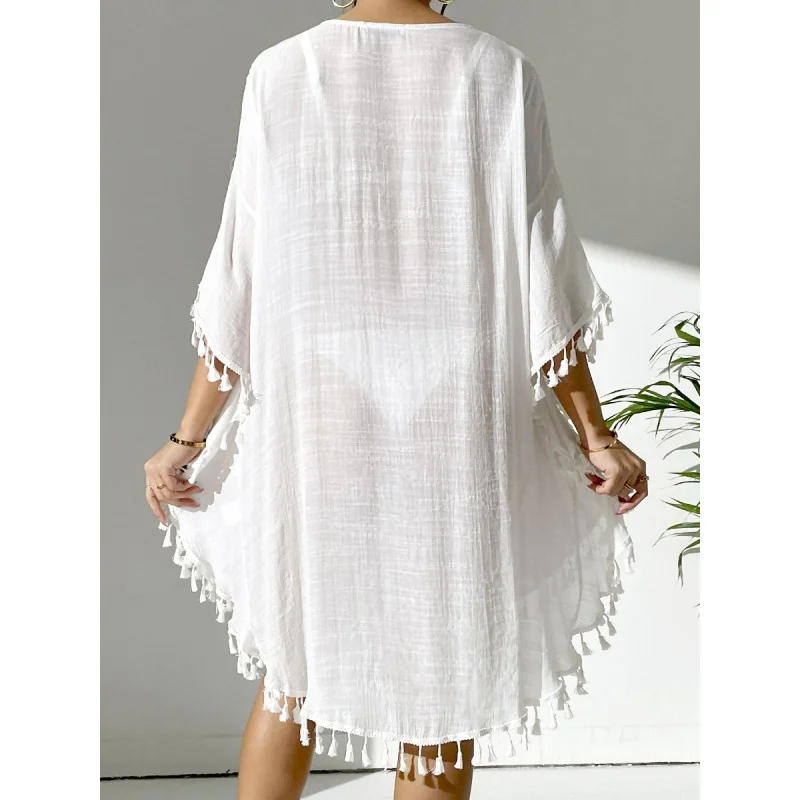 Retalhos oco para fora vestido de crochê feminino simples malha macia borla bikini cobrir praia férias piscina festa feminino cover-ups 2025