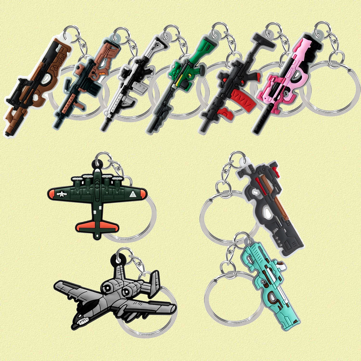 20Pcs Games Gun PVC Key Chain Rifles Cannon P90 Key Ring Aircrafts Keychain Cool Car Handbag Fitting for Wmen Men