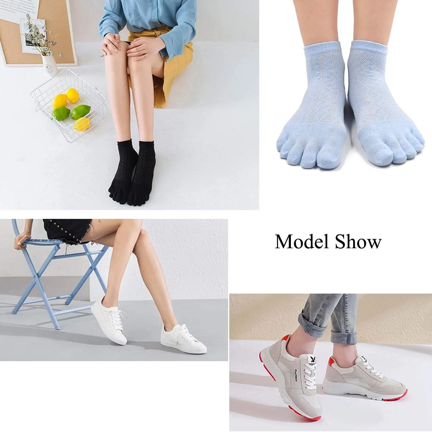 5 Pairs Women\'s Toe Sock Cute Striped Cotton Five Finger Ankle Sock Athletic Running Toe Socks for Girls