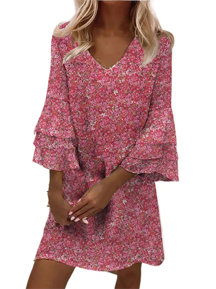 여성 패션 프린트 드레스 캐주얼 브이 넥 프릴 여성을위한 3 분기 느슨한 드레스 Boho Holiday 스커트 여성 의류 여름