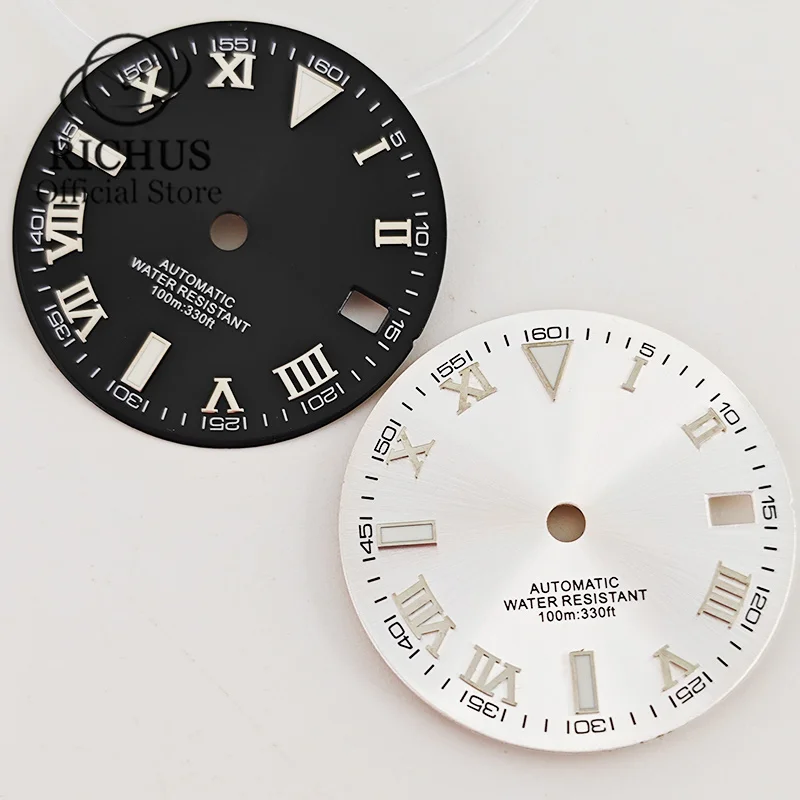 RICHUS 29mm Sterile Black White Gray Blue Roman Numeral Watch Dial Fit NH35 Movement Fit 3 O\'Clock Crown 3.8 O\'Clock Crown