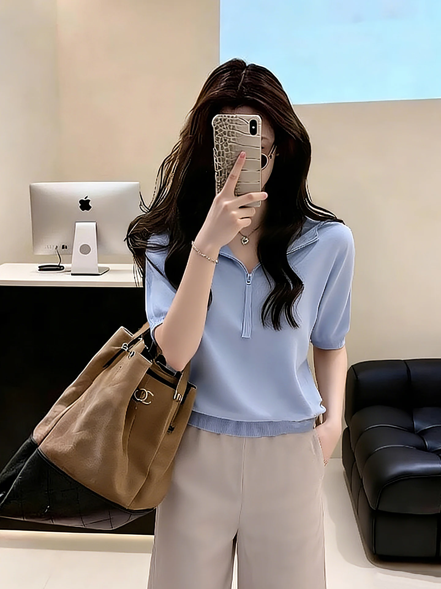 

Blue Half Zipper Hoodie Short Sleeve Knitted Top Fashionable Youthful Personality Women's Spring Summer Loose Style Small Shirt