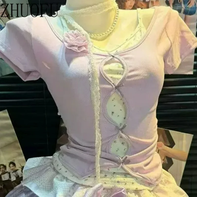 Japanese Original Design Sweet Purple Bow Women's Fake Two-piece Top 2026 Summer New Cute Y2k Age-reducing Cake Skirt Set Female