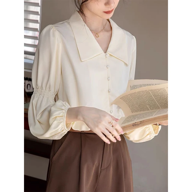 Women Autumn Vintage Simplicity Solid Color Polo-Neck Long Sleeve Chiffon Shirts Ladies Fashion All-match Appear Thin Trend Tops