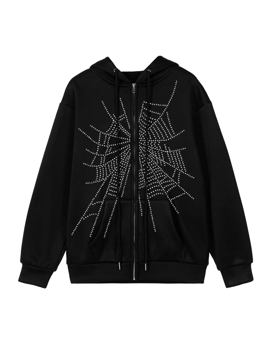 Chaqueta con cremallera para mujer, sudaderas con capucha con estampado de telaraña de diamantes de imitación, sudadera estética de manga larga, ropa de calle de otoño