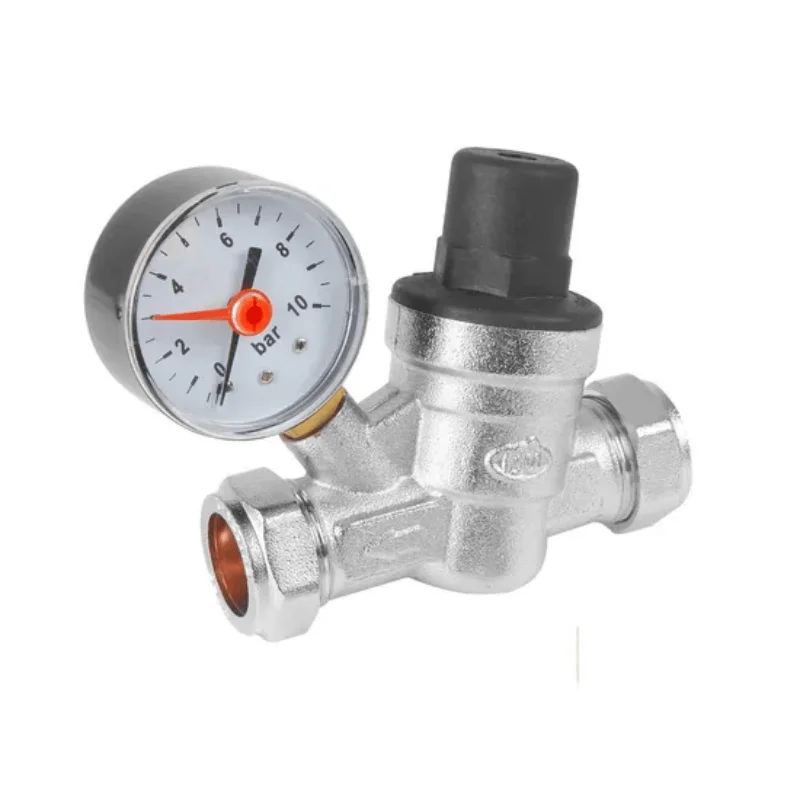 DN20 3/4 Inch Electroplated Brass Manual Water RV Reducer Regulator with Adjustable Pressure Gauge