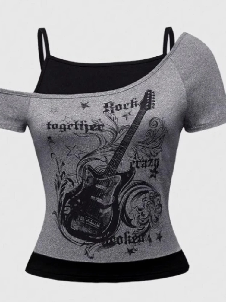 تي شيرت الجرونج القوطي الكلاسيكي للسيدات تصميم هاراجوكو الجمالي مطبوع Y2k ملابس صيفية عصرية ملابس خروج قصيرة الأكمام جديدة