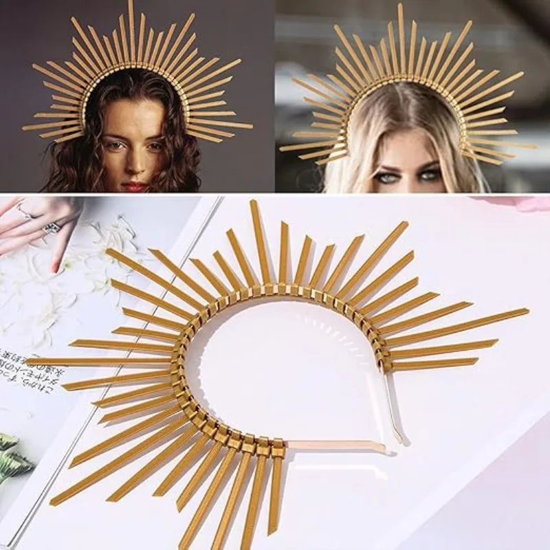 

1PCS/ Spiky Goddess Halo Crown - Gold Sunburst Headpiece for Women Halloween Headdress, Bridal Tiara & Cosplay Party Accessories