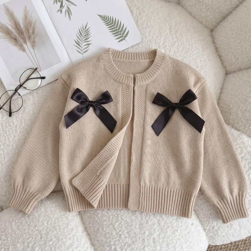 2026 Autumn and Winter Hot Selling Children's Satin Ribbon Double Bow Decoration Knitted Casual Simple Sweater