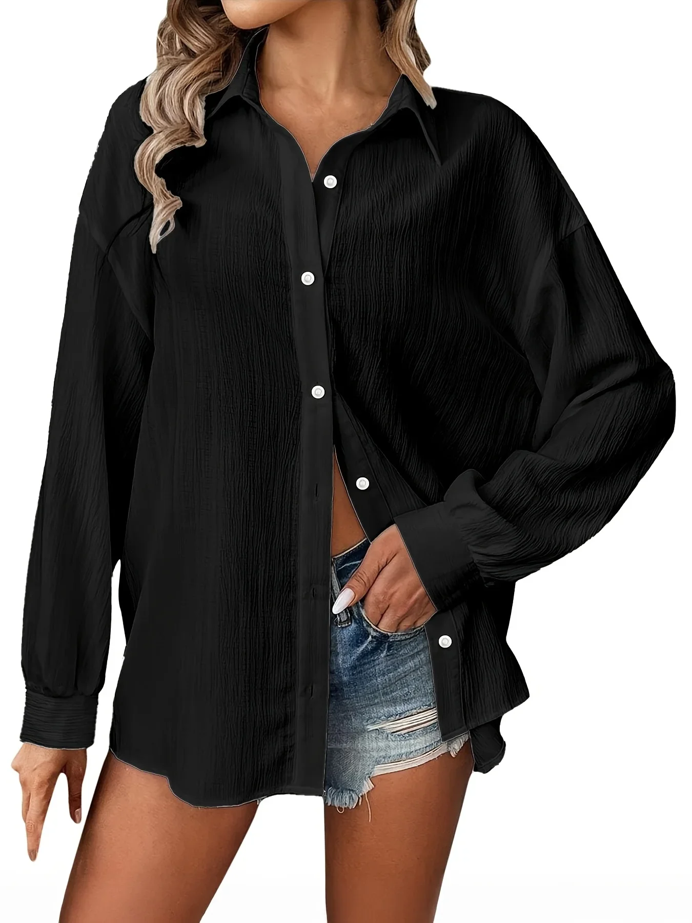 Plus Size 1XL-5XL All Season Women's Fashionable Solid Color Blouse Button Up Shirt Women Casual Long Sleeved Lapel Shirt