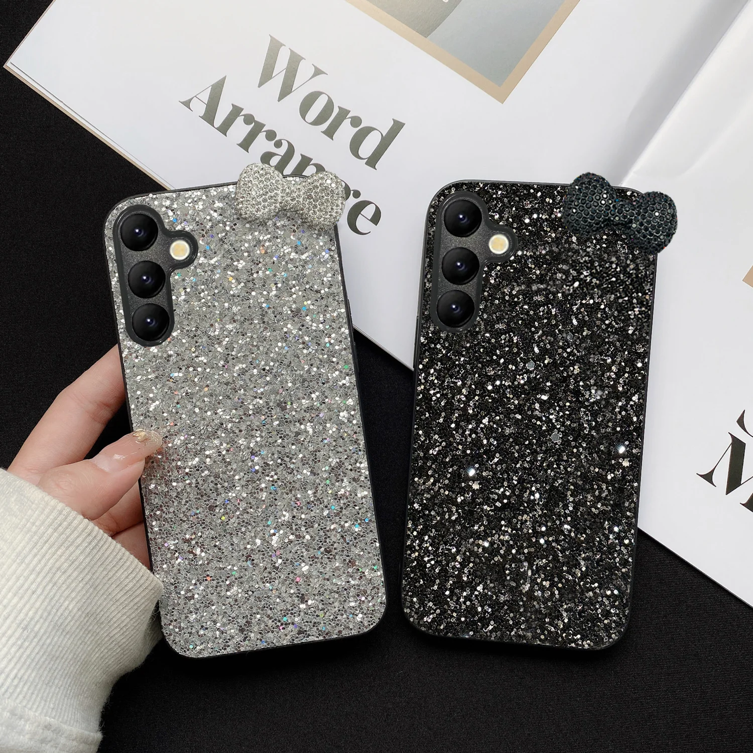 Niedliche Schleife Sternenlicht Glitzer Leder Handyhülle für Samsung Galaxy S26 S25 S24 S22 S23 FE Plus Ultra S25Edge Modische Rückseite