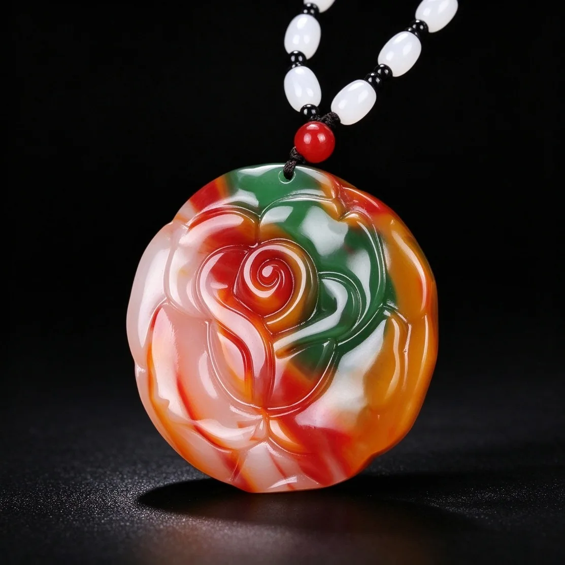 Natural Color Jade Rose Pendant Flower Necklace Romantic Floral Charm Sweater Chain Jewelry Women Daily Wear Anniversary Gift