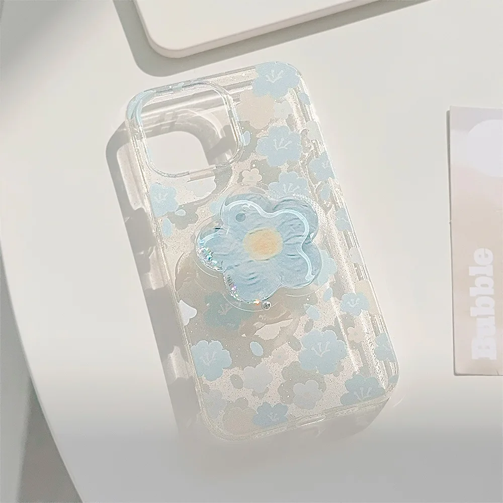 Hot Selling Phone Case For iPhone 14 ProMax 15 Plus 13 12 11 Clear Blue Small Flower Airbag Holder Anti Drop silicone Soft Shell