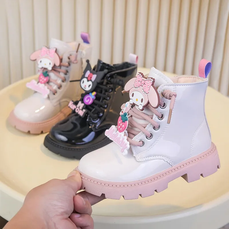 

Новые милые ботильоны на платформе для девочек, детские модные ботинки принцессы с рисунком Куроми Мелодия, универсальные повседневные детские кожаные ботинки